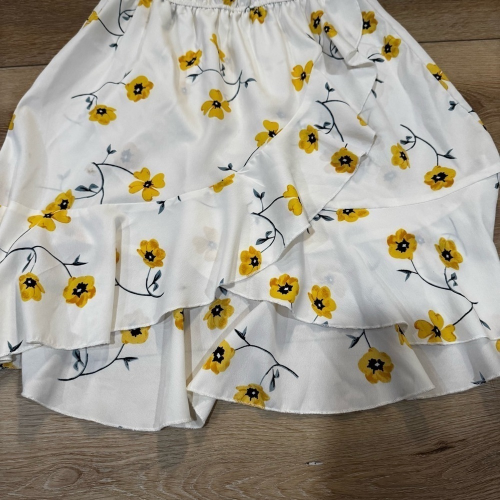Blush white yellow & blue floral off the shoulder mini dress, faux wrap, M. - Picture 4 of 11
